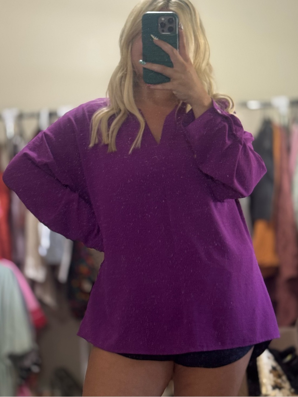 JODIFL Deep Purple V-Neck Long Sleeve Blouse